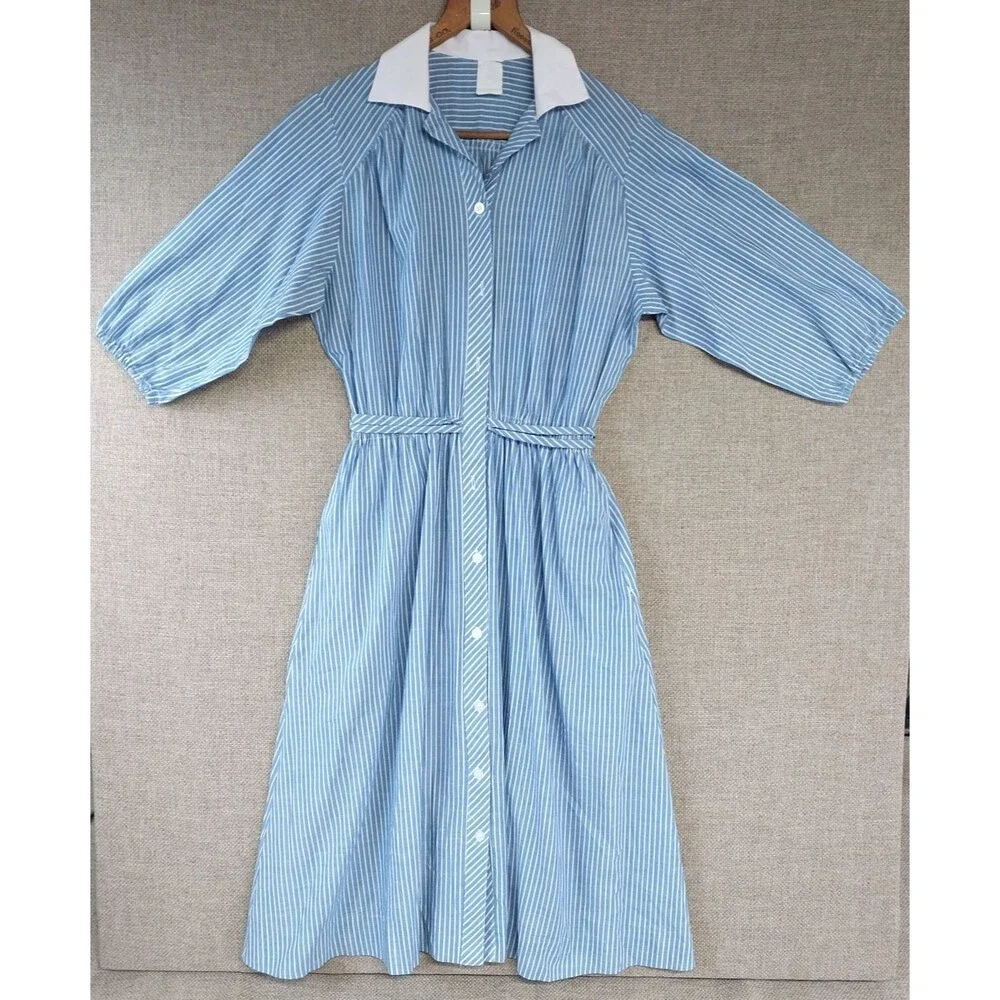 Vintage Midi Blue And White Vertical Striped 3/4 Sleeve A-Line Midi Button Dress